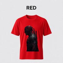 Men Crew Neck T‑Shirt, Deadpool Side Profile With Back Katanas Dark Stylized Front Graphic Short Sleeve Tee l raudona