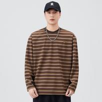 Vintage American Patchwork Striped Crew Neck Loose Long Sleeve T Shirt For Men 4XL kava