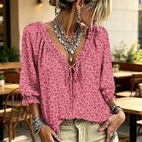 Women's Leopard Print V-Neck Tie-Front Blouse with Ruffle Trim M rožinė
