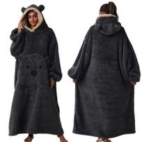 Nešiojama pledinė suknelė-megztinis moterims, ilgomis rankovėmis, oversized chalatai, šiltas, jaukus, milžiniškas gobtuvas, flaneliniai pledai su kišene, moteriškas žiemos gobtuvas, chalatas One size black