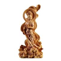 Wooden Sea-Crossing GuanyinStatue Chinese Buddha Log Color Solid Wood Carving Home Living Room FengShui Decoration Figure Statue brown