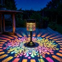 Bohemian Hollow Projection Solar Table Lamp, LED Shadow Decor Light for Garden Patio Balcony Party Home Decoration Warm White Light -- 1pc blue