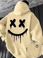 Drip‑face Men Hoodie Front Mini Dripping‑smiley Motif, Back Large Melting‑smiley Graphic Pullover For Soft American Casual Street Wear L smėlis