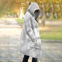 Women Winter Fashion Long Sleeve Solid Color Knitted Hooded Sweater Cardigan Open Front Long Cardigan S gray