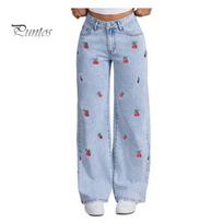 Comfortable Stretch Jeans Girl's Bow Cherry Print Baggy Jeans, Wide Leg Mid Waisted High Elasticity Denim Pants, Zipper Fly Elastic Casual Streetwear S šviesiai mėlyna spalva