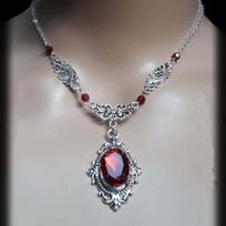 Victorian Gothic Steampunk Necklace with Dark Red Glass Gemstone for Christmas gray