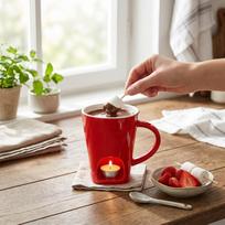 130ML Ceramic Chocolate Fondue Mug and Stainless Steel Fork Chocolate Sweet Melting Cup for Party Red beige