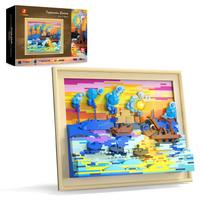 JMBricklayer Impression saulėtekio konstravimo kaladėlių rinkinys su šviesomis 70016, 3D Monet sienos meno ir amatų rinkinys, meno tapybos rėmelis suaugusiems namų sienai ir stalui blue