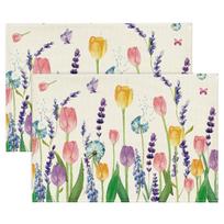 Lavender Tulip Spring Placemats for Dining Table, 12 x 18 Inch Summer Seasonal Holiday Decoration Rustic Vintage Washable Table Mats Set of 4 12" x 18", Rectangular 2 Pcs beige