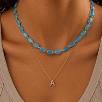 Blue Oval Beaded Layered Choker Necklace Women Gold Color Mini Zircon Initial Letter Pendant Necklace Charm Jewelry Fashion Gift V brown