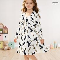 Girls White Fox Leaf Print Long Sleeve Cardigan And Sleeveless Dress Two Piece Set 140 beige