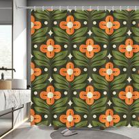 Oranžinė gėlių dušo užuolaida, Vintažinė vidurio amžiaus abstrakti geometrinė, Boho retro vonios dekoras, Vandeniui atsparus audinys W90H200(CM)-1 Pcs