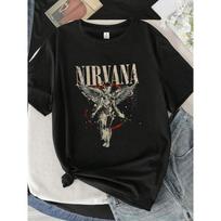 Nirvana Angels Letter Print T-Shirt Women Vintage Washed Cotton Short Sleeve Oversized Crew Neck Y2K Retro Grunge Streetwear Summer Top Band Merch S black