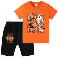 WA1651 Kids Boys Girls Halloween Bow Ghost Print Short Sleeves T-shirt Shorts Sets 140cm black