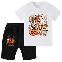 WA1651 Kids Boys Girls Halloween Bow Ghost Print Short Sleeves T-shirt Shorts Sets 150cm black