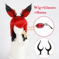 Viešbutis Alastor Cosplay Perukas Raudoni Juodi Trumpi Perukai Alastor Anime Perukas Ausys Karščiui Atsparūs Sintetiniai Plaukai Helovino Perukai + Peruko Kepuraitė One Size red
