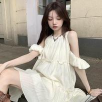 French pleated fungus edge off-the-shoulder sweet age-reducing dress women's summer design sense casual loose and thin short skirt 2XL abrikosas