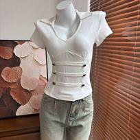 Napoleon Metal Buckle Low Chest Lapel Short Sleeve T-Shirt Niche Vintage Nun Xl recommended 60-65kg gray