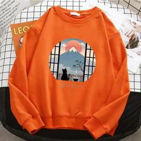 Round-neck Hoodie with Japanese-style Mount Fuji and Black Cat Coffee Illustrations, Loose-fit Long-sleeved Casual Top 2XL gray