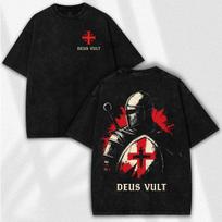 Deus Vult Knight Templar Washed Tee – Vintage Crusader Warrior Streetwear Shirt S white