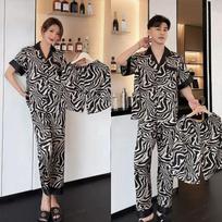 New ice silk pajamas couple lapel zebra summer short-sleeved three-piece printed loungewear casual cover M gray