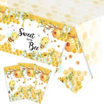 Children's Bumblebee Birthday Tablecloth with Spring Flowers - Disposable PE beige