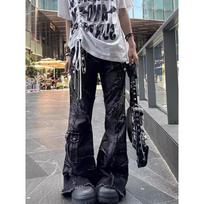 Women's Y2k Baggy Flare Jeans Harajuku Japanese 2000s Style Patchwork Denim Trouser Vintage Oversize Cargo Jeans Pants Clothes XL juoda