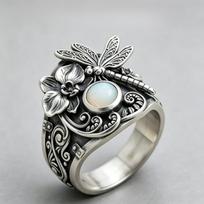 925Antique Silver Plated Vintage Dragonfly Ring Natural moonstone floral carving with aged oxidized ring band Gothic Natural Style Jewelry Gift 10 gray