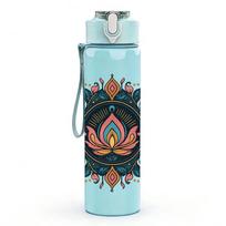 1PC Bohemian Lotus Mandala Pattern 750ml Color Plastic Sports Water Bottle Leakproof Flip Straw Lid Suitable for Sports Office Home Use tamsiai mėlyna