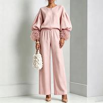 Women's Zip Up Top and Wide Leg Pants 2 Piece Set with Ruffled Sleeve Cuffs for Casual Wear XL rožinė