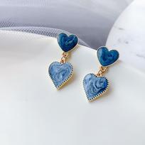 1Pair of Starry Sky Blue Heart Earrings, Retro Drip Enamel Earrings, Simple Style Youth Jewelry mėlyna
