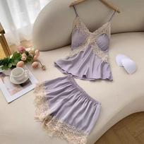 Ice silk pajamas women's summer high-end suspender shorts set with chest pad live broadcast large size sexy pure desire loungewear xxl ( 70-80kg )