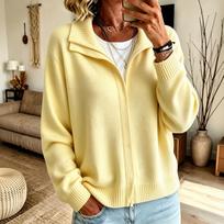 Women's Zip-Up Knit Cardigan with Lapel Collar Loose Fit Color Casual Sweater Jacket XL geltona
