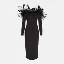 Party Bandage Dress Feather Long Sleeve Slim Fit Sexy Evening Dress Temperament Hip Wrap M juoda