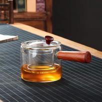 Side handle glass teapot, teapot can be heated, wood handle tea maker, teapot, heat-resistant intuitive pot, household kettle beige