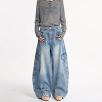 Mens Baggy Cargo Jeans Pants With Washed Lightning Stitch Detail Loose Fit Streetwear Denim Trousers L mėlyna