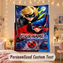 Custom Personalized Tapestry,Miraculous Ladybug Print Custom Name Text Wall Art Hanging for Bedroom 100cmx150cm