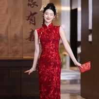 Sleeveless red lace long cheongsam improved young women's new Chinese high-end wedding bride toasting dress L black