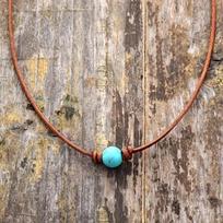 Bohemian Style Turquoise Bead Choker Necklace, Simple Vintage Retro Leather Cord Clavicle Chain gray