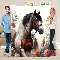 Pavasarinė gėlių žirgų vilnos pledas Boho žirgų sporto stiliaus pledas Minkštas ir jaukus kaimo namų dekoravimui Pavasariui lauke atsipalaiduoti 75x90cm white