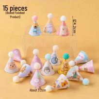 Set of 15 Retro Cartoon Mini Pompom Birthday Cake Hat Toppers and Decorations white