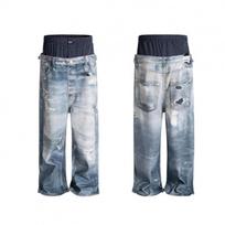 Mens Baggy Denim Pants With 3D Digital Print Distressed Holes Double Waistband Loose Fit Cotton Blend Streetwear Style S gray