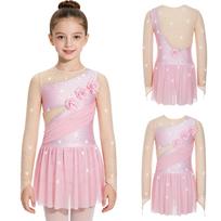 Children Ice Skating Rhinestone Color Block Dress Long Sleeve Thumbholes Mesh Patchwork 3D Floral Applique for Gymnastics Dance Recital 5-6 Years white
