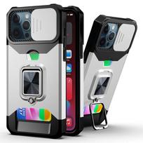for iPhone 13 12 11 Pro Max Case, Kickstand with Slide Camera, Built-in 360 Rotate Ring Stand Magnetic Card Slot Credit Cover for iPhone 13 ProMax gray