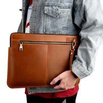 Genuine Crazy Horse Leather Laptop Sleeve Case 14-inch MacBook Pro M1/M2/M3 Men Women Neutral Style Handheld Bag Chestnut Brown gray