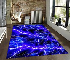 Neon Look Rug, Blue Fire Rug, Laser Light Rug, Lightning Light Rug, Game Room Decor, Gamer Rug,  Room Rug,Gift for Him 120cm x 160cm