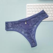 Women Low‑Rise Floral Lace Thong T‑back Panties Thin Side Strap Pearl Pendant Decor Hollow‑out Sheer Sexy Ladies Lingerie Underwear L mėlyna