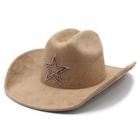 Vintage American Western Cowboy Hat Men and Women Rhinestone Star Decorated Big Eaves Suede Jazz Hat Party Top Hat M（56-57cm） brown