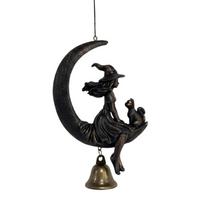 Backyard Halloween Hanging Ornament With Witch Black Puss Moon, Resin Windchime Decors for Porch Wall and Entryway black