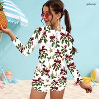 Girls Long Sleeve Front Zip Printed White Two Piece Swimsuit With Shorts 140 white